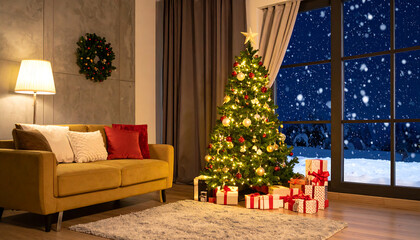 Christmas tree placed in the cozy living room with some present surrounding with night Christmas eve snowy outside.