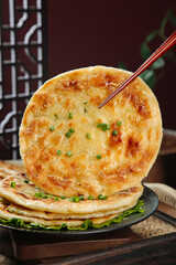 Traditional Handmade Scallion Pancakes with Chopsticks - Asian Fried Food