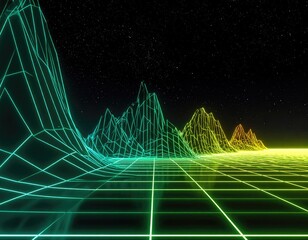 Retrofuturistic landscape with glowing grid