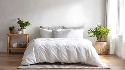 Minimalist bedroom interior with a neatly made white bed, plants, and natural light from a window