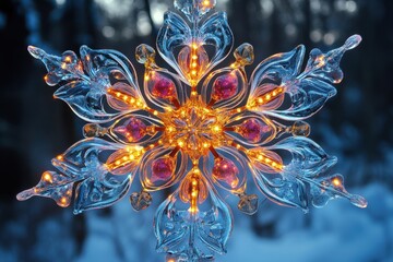 Snowflake adorned with lights.