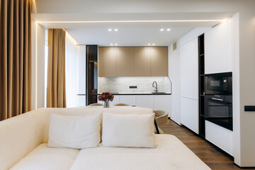 Elegant and Contemporary Modern Interior Design Featuring a Cozy Living and Kitchen Space