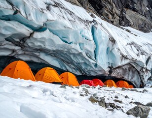 Camping tents nestled within a glacial ice cave
