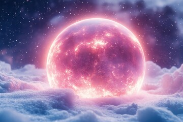 Pink moon shining through clouds.