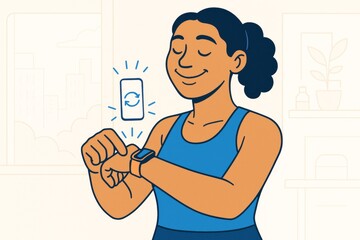 Woman syncing smartwatch with phone while smiling in home setting, illustrated in light background with lifestyle and creative concept style. Ai generative