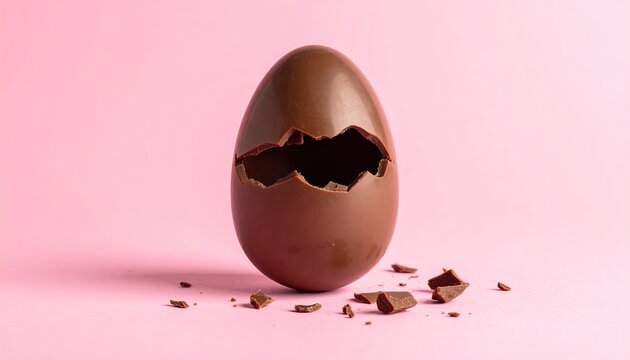A large, dark-chocolate egg rests on a pink background, partially broken open revealing its hollow interior;  chocolate shards are scattered nearby