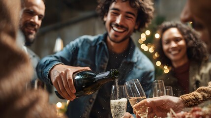 Friends celebrating with champagne at a festive gathering, toasting and smiling.