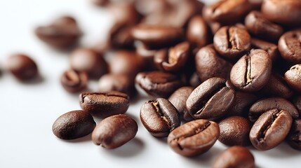 Closeup of roasted coffee beans scattered on a white surface, isolated on white background