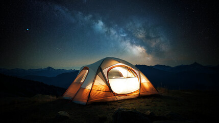 starlight. A cozy tent under a starry Milky Way sky creates a magical nightscape in the mountains. travel magazines, destination branding, designed for outdoor magazines and nature guides.
