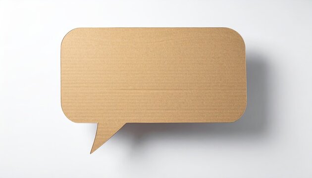 A light brown cardboard speech bubble, slightly elevated on a white background, casts a subtle shadow.  It's a simple, blank template ideal for messaging or communication concepts