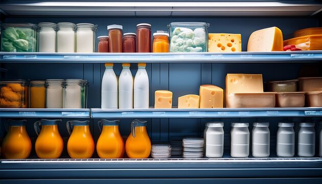 refrigerated shelf with dairy products cheese and juice for grocery supermarket cold storage food photography background