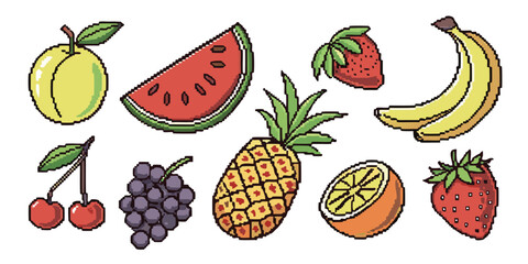 Pixel art fruit collection including banana strawberry and watermelon retro style vector illustration for graphic design