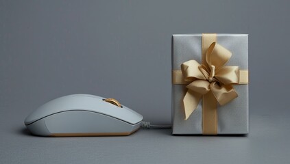 A light grey computer mouse sits beside a silver gift box with a gold ribbon on a matching grey background.  The image is simple, clean, and subtly suggests online gifting