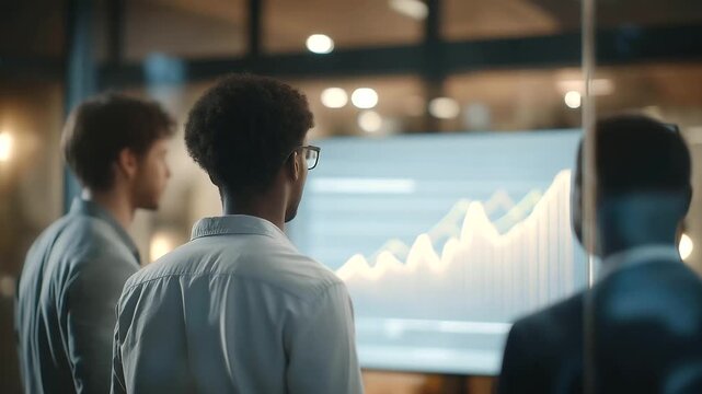 team of financial advisors brainstorming under large screen with rising charts and green arrows future planning faint murmurs marker squeaks on glass three quarter wide angle cine