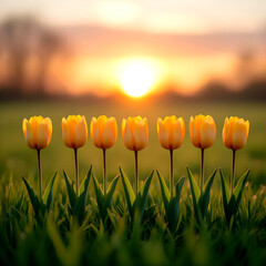 Seven yellow tulips in green grass against glowing sunset horizon, vibrant floral landscape with warm golden sky, soft dreamy light, and natural springtime atmosphere