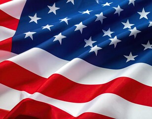 Close-up of an American flag, showing its vibrant colors and rippling fabric