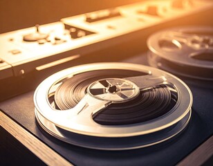 Close-up of vintage reel-to-reel tape recorder