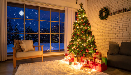 Christmas tree placed in the cozy living room with some present surrounding with night Christmas eve snowy outside.