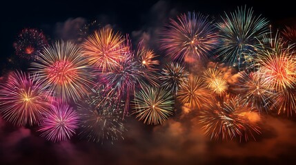 Vibrant fireworks exploding in a dark night sky, creating a colorful display of light and smoke