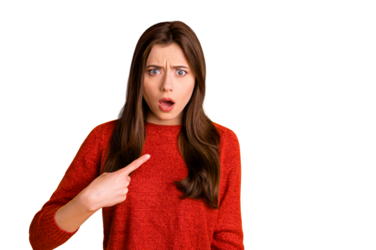 Photo of sad disappointed not understanding youngster offended by not being selected pointing at herself isolated over vivid color background