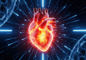 Fototapeta premium Glowing human heart with neural network connections and blue light rays