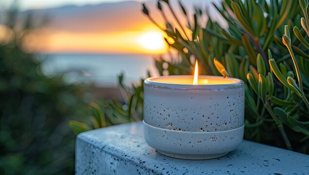 A lit candle in a speckled ceramic container rests on a stone surface outdoors at sunset, with ocean and succulent plants in the background