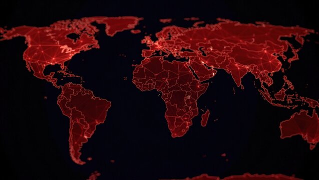 Glowing Red World Map with Connected Nodes on Black Background
