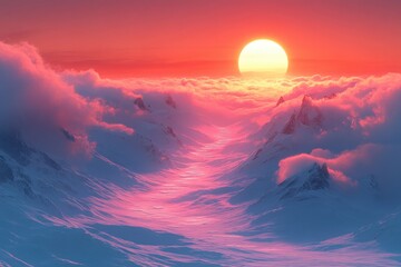 Pink sky sunset over mountain range.