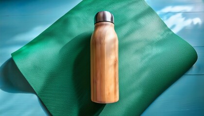 eco friendly bamboo sports water bottle with a wooden texture is placed on a fitness mat the vibrant background offers a refreshing aesthetic perfect for fitness activities