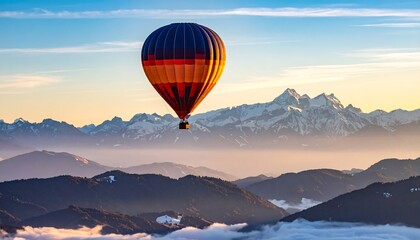 Fototapeta premium Hot Air Balloon Ascends Over Snow- Capped Mountains and Misty Valleys at Dawn 