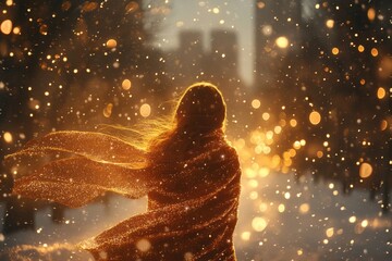 Woman in yellow scarf standing in snow.