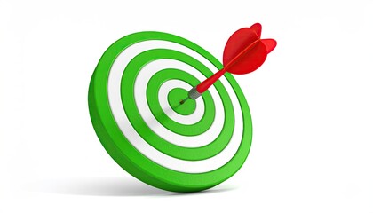 A 3D rendering of a green and white dartboard with a red dart in the bullseye, angled slightly to the right against a white background