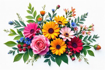 A vibrant, rustic arrangement of wildflowers and greenery, loosely gathered in a natural, unfussy bouquet Perfect for rustic, bohemian, or garden-themed projects , pastel colors, detail