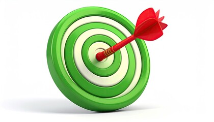 A 3D rendering of a red dart piercing the bullseye of a green and white target, set against a stark white background.  The image conveys accuracy and achievement