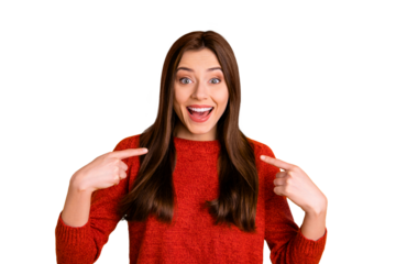 Photo of excited ecstatic cheerful nice beautiful attractive charming stupor youngster pointing at herself unbelievable information news isolated over vivid color background