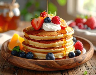 Stack of golden brown pancakes drizzled with syrup, topped with fresh berries and whipped cream, on a wooden plate
