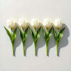 Minimalist row of five white tulips with soft shadows on clean white background — elegant floral banner for spring, weddings, and greeting card designs