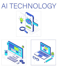 AI Technology Set: Workplaces with Artificial Intelligence Tools for Prompt Engineering and Content Generation - Vector Isometric Illustration