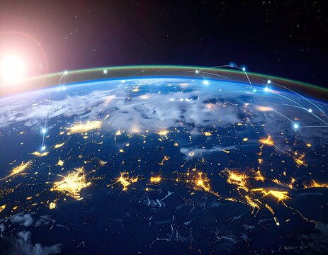 Earth at night, illuminated with city lights, connected by glowing network lines, with a sunrise visible