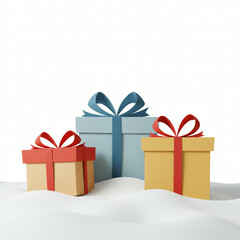 Wrapped gift boxes on snow in festive colors with ribbons and bows, creating a cheerful holiday scene that conveys winter celebration and seasonal joy