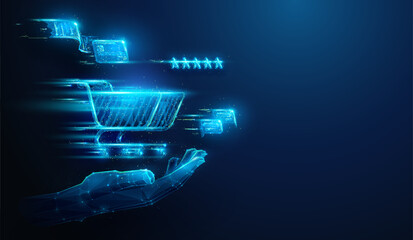 Lowpoly Hand Holding a Shopping Cart with 5 Star Rating, Credit Card and Chat Bubbles.Abstract Illustration on Online Shopping in Black Friday Sales Season Concept by Wireframe Mesh on Blue Background
