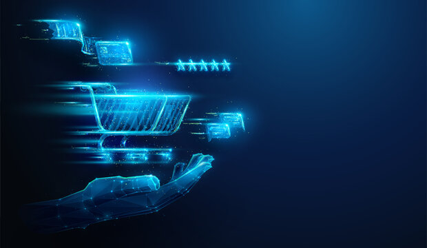 Lowpoly Hand Holding a Shopping Cart with 5 Star Rating, Credit Card and Chat Bubbles.Abstract Illustration on Online Shopping in Black Friday Sales Season Concept by Wireframe Mesh on Blue Background