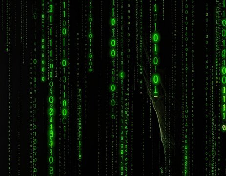 Green binary code cascading on black background