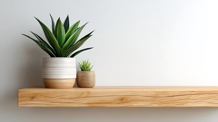 Two potted succulent plants on a wooden shelf against a white wall
