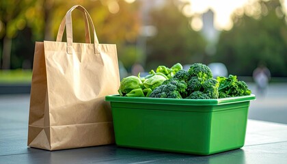 Fresh produce in a green container next to a brown paper bag outdoors