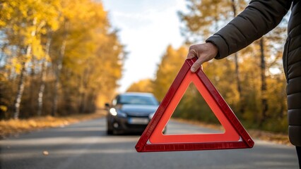 Driver holding red warning triangle with broken car in background on autumn road
