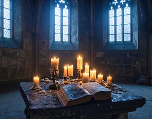 Candles illuminating ancient book in gothic chapel
