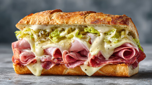 Italian sub sandwich with melted cheese and lettuce