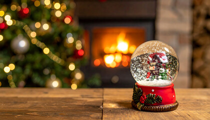 Copy space close up Christmas globe with blurry furnace with pine tree as background