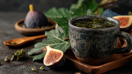 Benefits of Fig Leaf Tea. A textured stone cup filled with herbal tea, surrounded by figs and leaves on a rustic surface.
